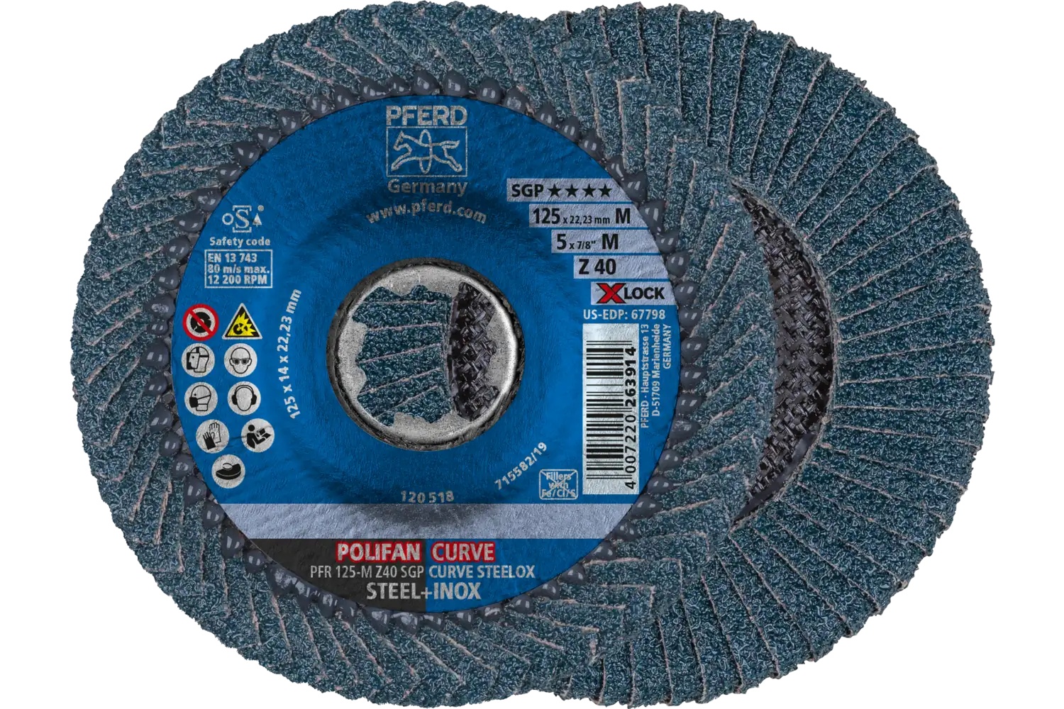 Picture of Pferd Flap Disc, 5", X-Lock, Z SGP Curve Steelox, 40 Grit, Medium Radius, Zirconia